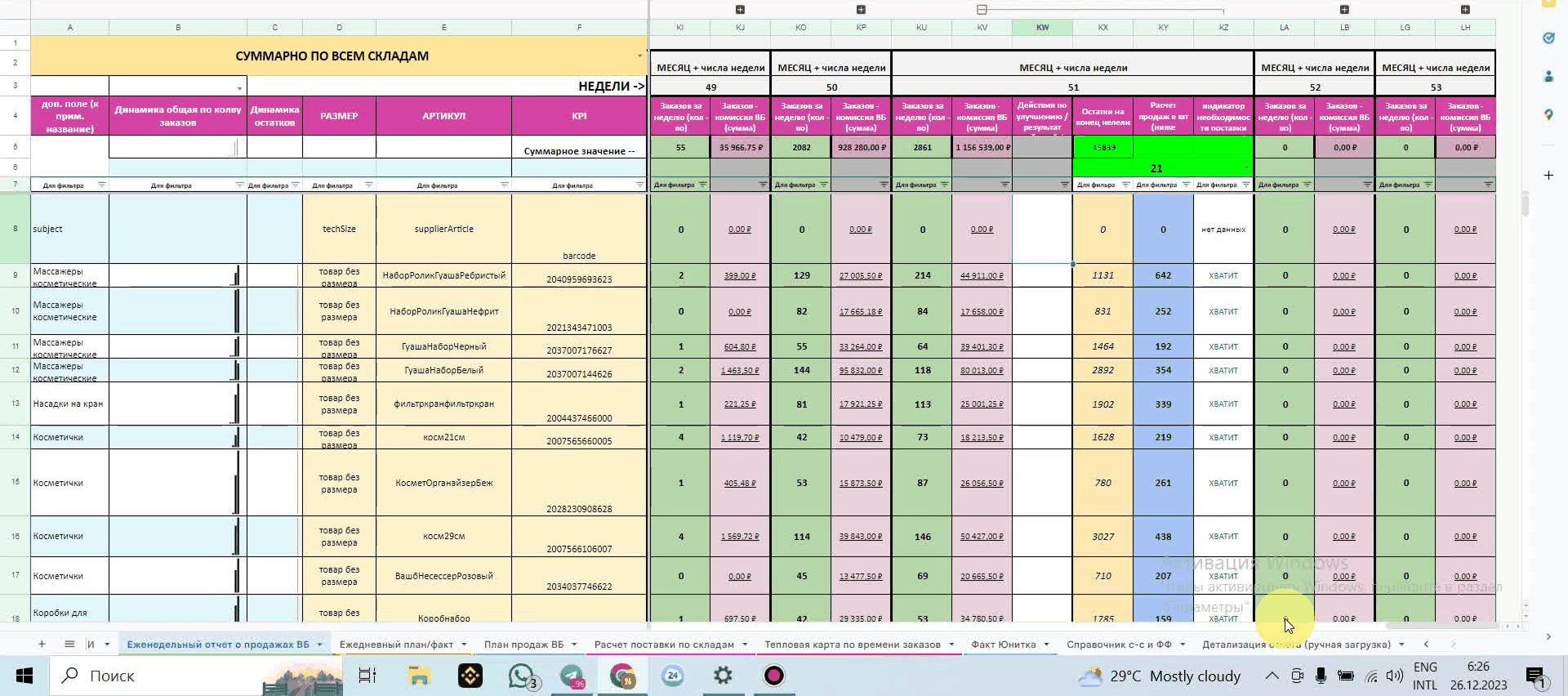 Типичный Excel-учёт остатков менеджера по маркетплейсам без системы учёта