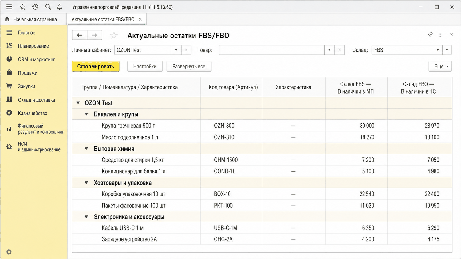 Отчёт «Актуальные остатки FBS / FBO» в 1С УТ: остаток на маркетплейсе и в 1С